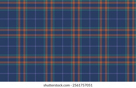 Plaid fabric pattern, blue, orange, green, purple, seamless for textiles, and for designing clothes, skirts, pants or decorative fabrics. Vector illustration.