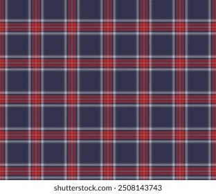 Plaid fabric pattern, blue, red, white, seamless for textile and design clothes skirt pants apron tablecloth blanket or decoration. Vector illustration.