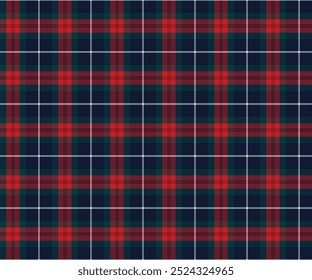 Plaid fabric pattern, blue, red, green, white, seamless, for textile and design of clothes, skirts, pants, aprons, tablecloths, blankets or decorative fabrics. Vector illustration.