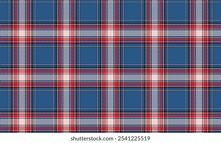 Plaid fabric pattern, blue, red, white, seamless modern luxury for textiles, and for designing clothes, skirts, pants or decorative fabrics. Vector illustration.