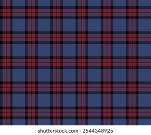 Padrão de tecido xadrez, azul, vermelho, preto, padrão de linhas cruzadas sem costura na moda para têxteis, e para projetar roupas, saias, calças ou tecido de decoração. Ilustração vetorial.