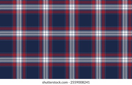 Plaid fabric pattern, blue, red, white, distinctive cross lines pattern, seamless for textiles, and for designing clothes, skirts or decorative fabrics. Vector illustration.