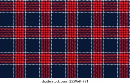 Plaid fabric pattern, blue, red, white, fashionable seamless for textiles, and for designing clothes, skirts, pants or decorative fabrics. Vector illustration.