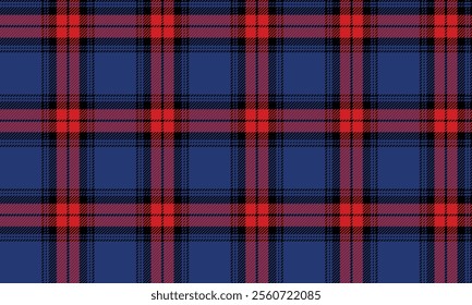 Plaid fabric pattern, blue, red, black, seamless lattice cross lines pattern for textile, and for designing clothes, skirts or decorative fabrics. Vector illustration.