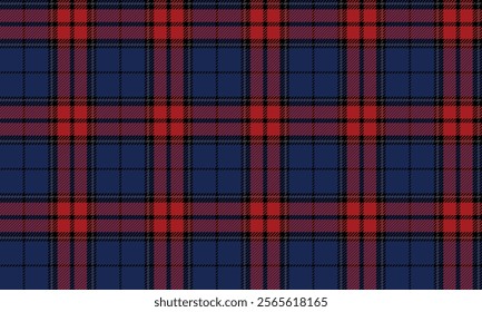 Plaid fabric pattern, blue, red, black, distinctive lattice cross lines pattern, seamless for textiles, and for designing clothes, skirts or decorative fabrics. Vector illustration.