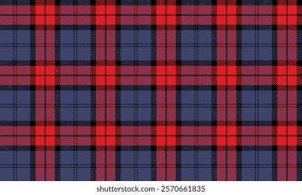 Plaid fabric pattern, blue, red, black, modern plaid cross lines seamless for textiles, and for designing clothes, skirts or decorative fabrics. Vector illustration.