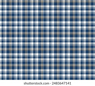 Plaid fabric pattern, blue, white, brown, seamless for textiles and designing clothes, skirts, pants, tablecloths, blankets or decorative fabrics. Vector illustration.