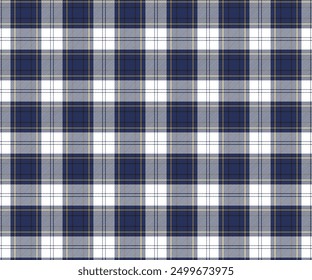 Plaid fabric pattern, blue, white, yellow, black, seamless for textiles and design clothing, skirts, pants, aprons, tablecloths, blankets or decorative fabrics. Vector illustration.