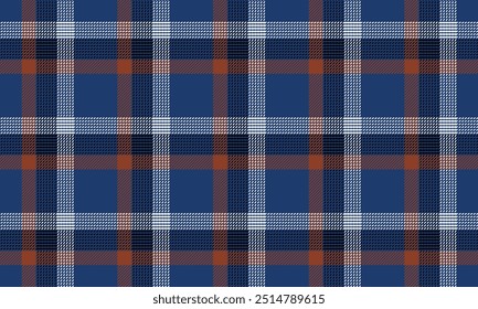 Plaid fabric pattern, blue, white, black, brown, seamless for textile and design clothes skirt pants apron tablecloth blanket or decoration. Vector illustration.