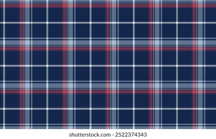 Plaid fabric pattern, blue, white, pink, prominent elegant checkered lines, seamless for textiles, and for designing clothes, skirts or decorative fabrics. Vector illustration.