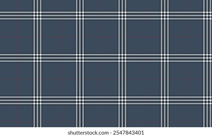 Plaid fabric pattern, blue, white, black, seamless for textiles, and for designing everyday clothes, skirts, pants or decorative fabrics. Vector illustration.