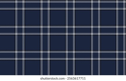Plaid fabric pattern, blue, white, black, seamless lattice cross lines pattern for textile, and for designing clothes, skirts or decorative fabrics. Vector illustration.