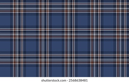 Plaid fabric pattern, blue, white, brown, distinctive cross lines, seamless for textiles, and for designing clothes, skirts or decorative fabrics. Vector illustration.