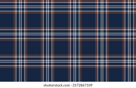 Plaid fabric pattern, blue, white, brown, modern plaid cross lines seamless for textiles, and for designing clothes, skirts or decorative fabrics. Vector illustration.