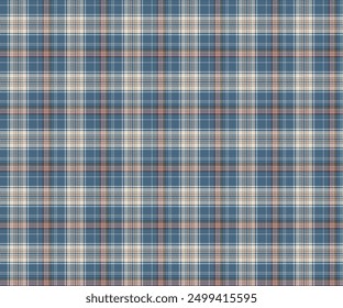 Plaid fabric pattern, blue, yellow, brown, seamless for textiles and designing clothing, skirts, pants, aprons, tablecloths, blankets or decorative fabrics. Vector illustration.