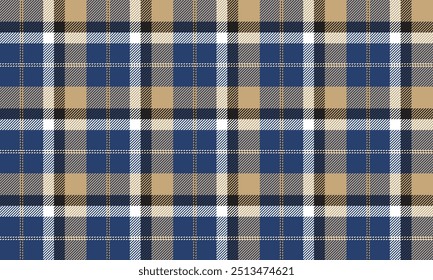 Plaid fabric pattern, blue, yellow, black, white, seamless for textile and design clothes skirt pants apron tablecloth blanket or decoration. Vector illustration.