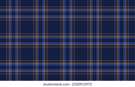 Plaid fabric pattern, blue, yellow, gray, striking seamless pattern for textiles, and for designing clothes, skirts or decorative fabrics. Vector illustration.