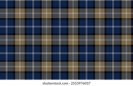 Plaid fabric pattern, blue, yellow, white, cross lines pattern, seamless for textile, and for designing clothes, skirts or decorative fabric. Vector illustration.