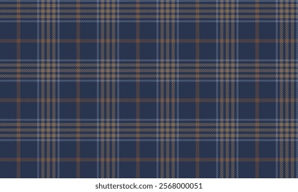 Plaid fabric pattern, blue, yellow, brown, modern plaid cross lines seamless for textiles, and for designing clothes, skirts or decorative fabrics. Vector illustration.