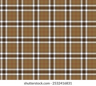 Plaid fabric pattern, brown, black, white, red, seamless modern elegant cross lines for textiles, and for designing everyday clothes, skirts, pants or decorative fabrics. Vector illustration.