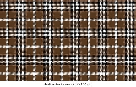 Plaid fabric pattern, brown, black, white, seamless for textile and design clothes skirt pants apron tablecloth blanket or decoration. Vector illustration.