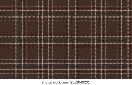 Plaid fabric pattern, brown, cream, green, seamless cross lines pattern for textiles, and for designing clothes, skirts or decorative fabrics. Vector illustration.