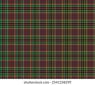 Plaid fabric pattern, brown, green, black, yellow, seamless for textiles, and for designing everyday clothes, skirts, pants or decorative fabrics. Vector illustration.