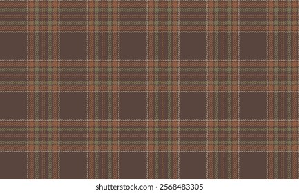 Plaid fabric pattern, brown, orange, green, beautiful distinctive lattice cross lines, seamless for textiles, and for designing clothes, skirts, pants or decorative fabrics. Vector illustration.