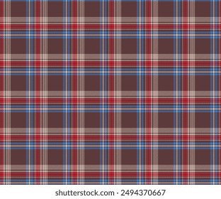 Plaid fabric pattern, brown, red, blue, white, seamless for textiles and design clothing, skirts, pants, aprons, tablecloths, blankets or decorative fabrics. Vector illustration.