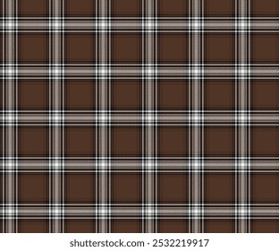 Padrão de tecido xadrez, marrom, branco, preto, padrão de linhas cruzadas de grade, sem costura para design têxtil e de vestuário, saia, calças, avental, toalha de mesa, cobertor ou decoração. Ilustração vetorial.