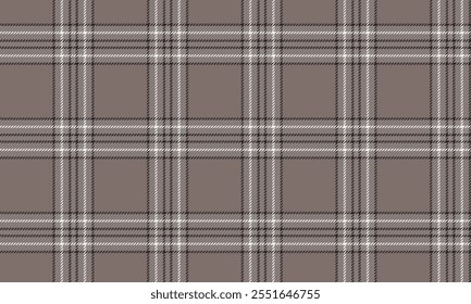 Plaid fabric pattern, brown, white, black, modern, distinctive, seamless for textiles, and for designing clothes, skirts, pants or decorative fabrics. Vector illustration.