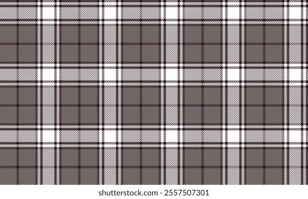 Plaid fabric pattern, brown, white, black, distinctive cross lines pattern, seamless for textiles, and for designing clothes, skirts or decorative fabrics. Vector illustration.