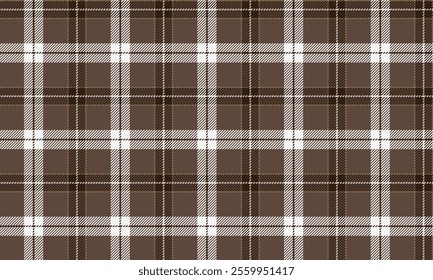 Plaid fabric pattern, brown, white, distinctive cross lines, seamless for textiles, and for designing clothes, skirts, pants, aprons, blankets or decorative fabrics. Vector illustration.