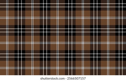 Plaid fabric pattern, brown, white, black, beautiful autumn grid cross lines seamless for textiles, and for designing clothes, skirts or decorative fabrics. Vector illustration.