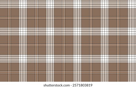 Plaid fabric pattern, brown, white, orange, distinctive cross lines, seamless for textiles, and for designing clothes, skirts or decorative fabrics. Vector illustration.