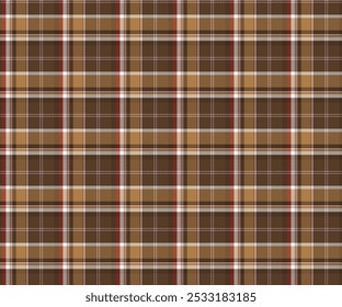 Plaid fabric pattern, brown, yellow, red, white, seamless for textiles, and for designing clothes, skirts or decorative fabrics. Vector illustration.