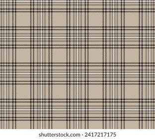 Plaid fabric pattern. Cream, black, white, seamless background for textile design, tailoring, skirt or decoration. Vector illustration.