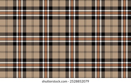 Plaid fabric pattern, cream, black, orange, white, seamless for textiles, and for designing clothes, skirts or decorative fabrics. Vector illustration.