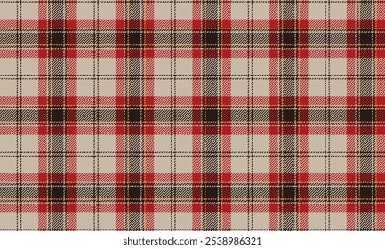 Plaid fabric pattern, cream, black, red, yellow, fashionable seamless cross lines pattern for textiles, and for designing clothes, skirts, pants or decorative fabrics. Vector illustration.