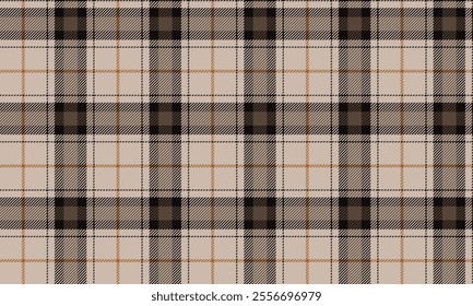 Plaid fabric pattern, cream, black, brown, yellow, modern distinctive cross lines pattern, seamless for textiles, and for designing clothes, skirts or decorative fabrics. Vector illustration.