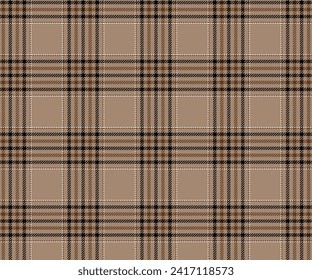 Plaid fabric pattern in cream, brown, black, white, seamless background for textile designs, clothing, skirts, pants or decorations. Vector illustration.