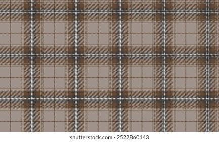 Plaid fabric pattern, cream, brown, black, white, outstanding, elegant, neat, seamless for textiles, and for designing clothes, skirts, pants or decorative fabrics. Vector illustration.