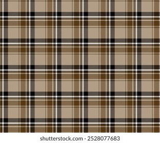 Plaid fabric pattern, cream, brown, black, white, autumn and winter, seamless for textiles, and for designing clothes, skirts or decorative fabrics. Vector illustration.