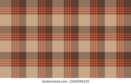 Plaid fabric pattern, cream, brown, orange, distinctive cross lines, seamless for textiles, and for designing clothes, skirts or decorative fabrics. Vector illustration.