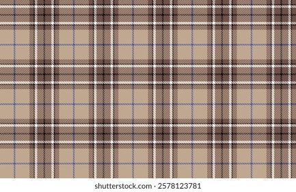 Plaid fabric pattern, cream, brown, white, blue, seamless for textiles, and for designing clothes, skirts or decorative fabrics. Vector illustration.