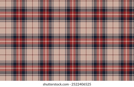 Plaid fabric pattern, cream, navy, red, seamless for textiles, and for designing clothes, skirts or decorative fabrics. Vector illustration.