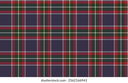 Plaid fabric pattern, cross lines pattern, purple, green, red, white, seamless for textiles, and for designing clothes, skirts or decorative fabrics. Vector illustration.