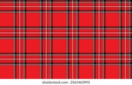 Plaid fabric pattern, eye-catching cross-checkered lines, red, black, white, seamless for textiles, and for designing clothes, skirts, pants or decorative fabrics. Vector illustration.