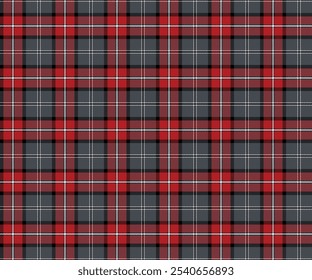 Plaid fabric pattern, gray, black, red, white, seamless modern luxury cross lines for textiles, and for designing everyday clothes, skirts, pants or decorative fabrics. Vector illustration.