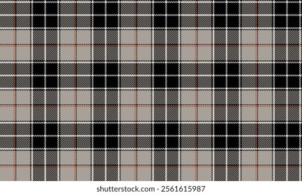 Plaid fabric pattern, gray, black, white, orange, distinctive lattice cross lines, seamless for textiles, and for designing clothes, skirts or decorative fabrics. Vector illustration.